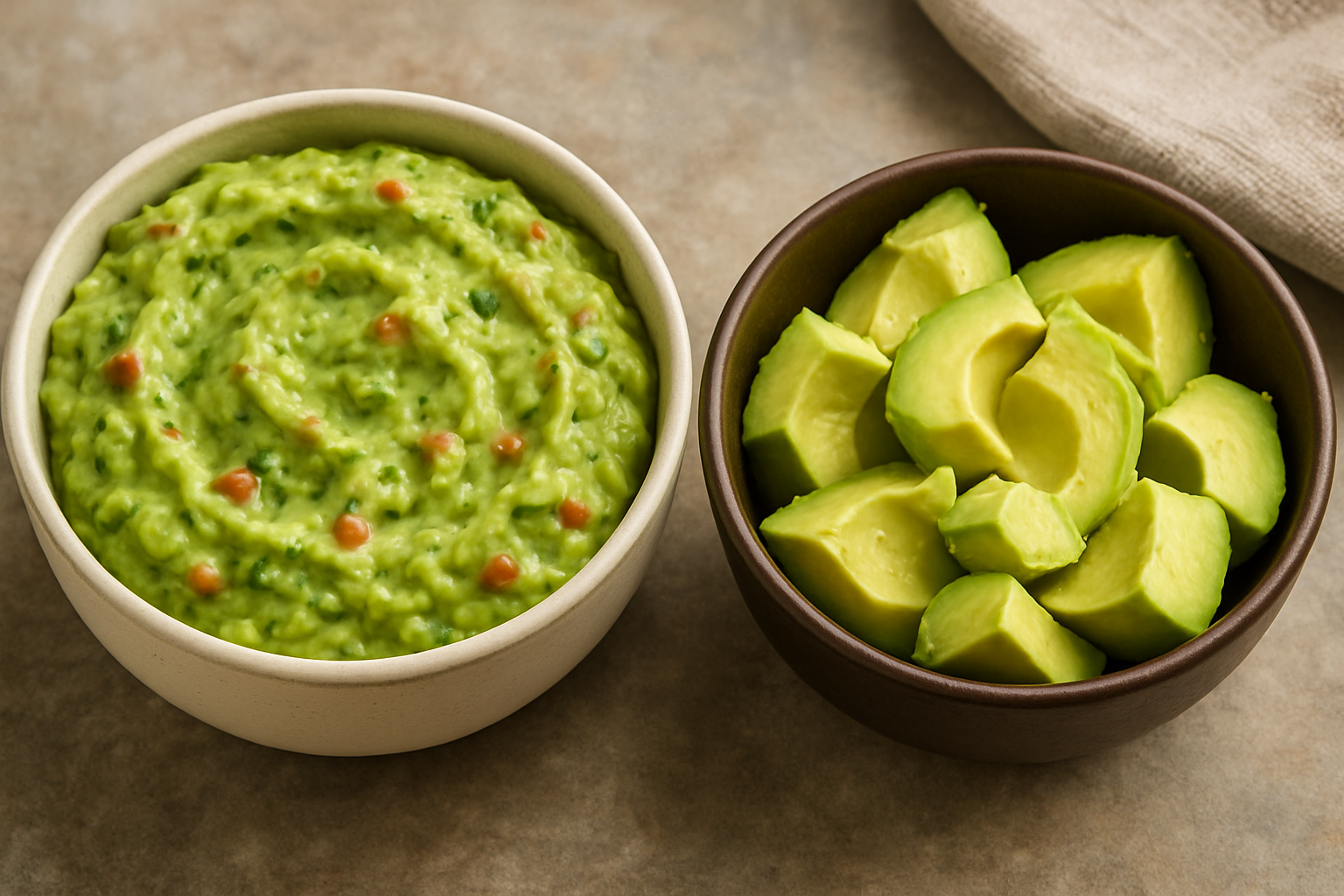 Guacamole cremoso y pulpa de aguacate en cuencos para servir